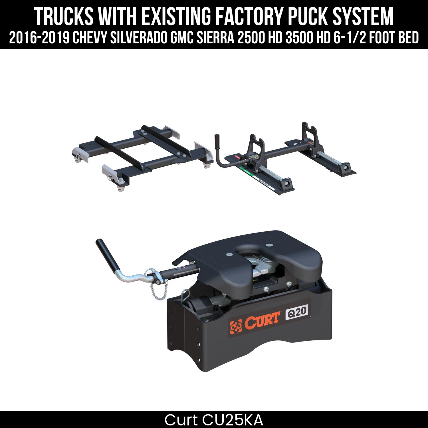 Curt Q20 Dual Jaw Sliding 5th Wheel Trailer Hitch for 2016-2019 Chevy Silverado GMC Sierra 2500HD 3500HD with 6-1/2' Bed - For Short Beds (20K Towing Capacity) CU25KA