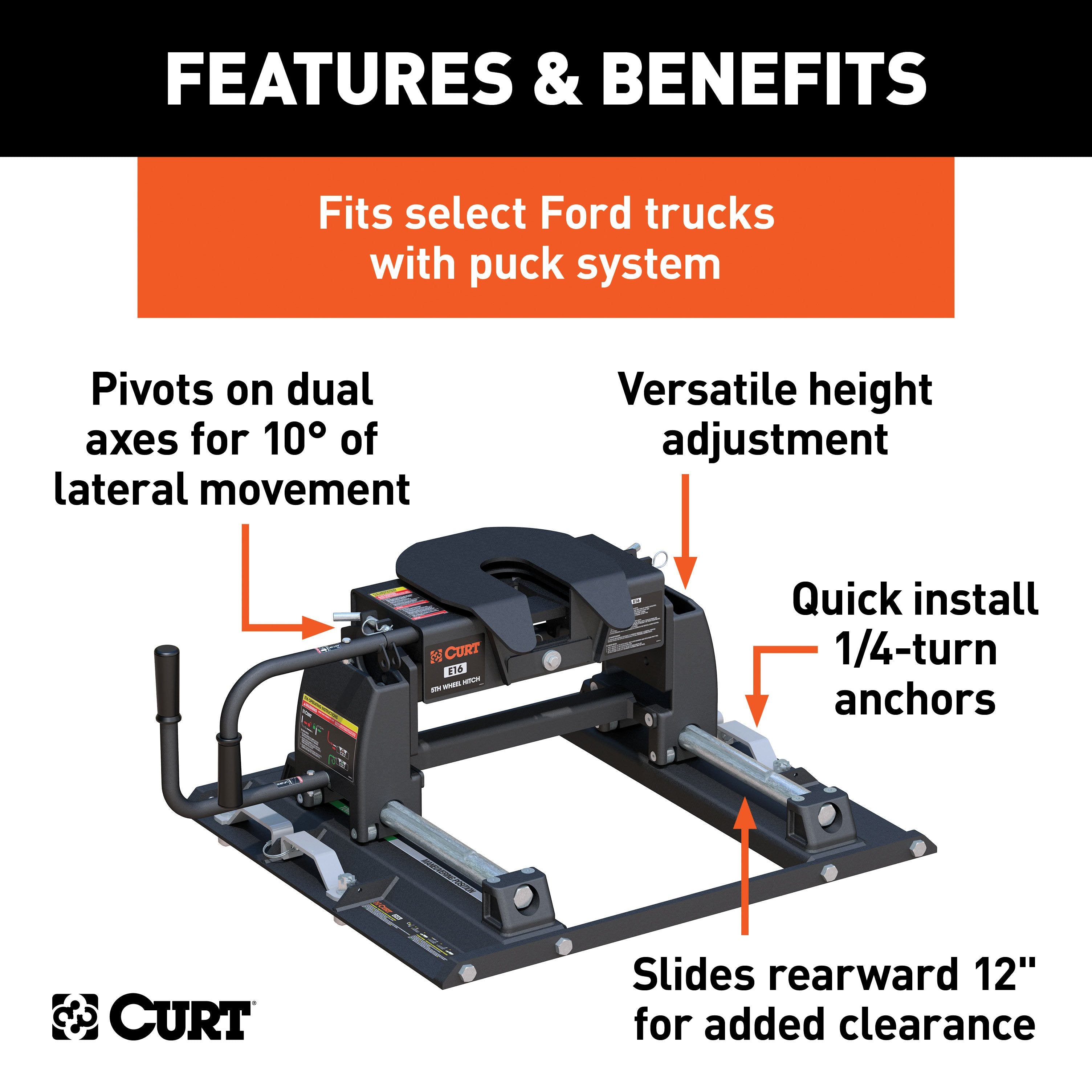 Curt E16 Slide Bar Jaw Sliding 5th Wheel Trailer Hitch for 2011-2025 Ford F250 F350 with 6-3/4' Bed - For Short Beds (16K Towing Capacity) CU43CA