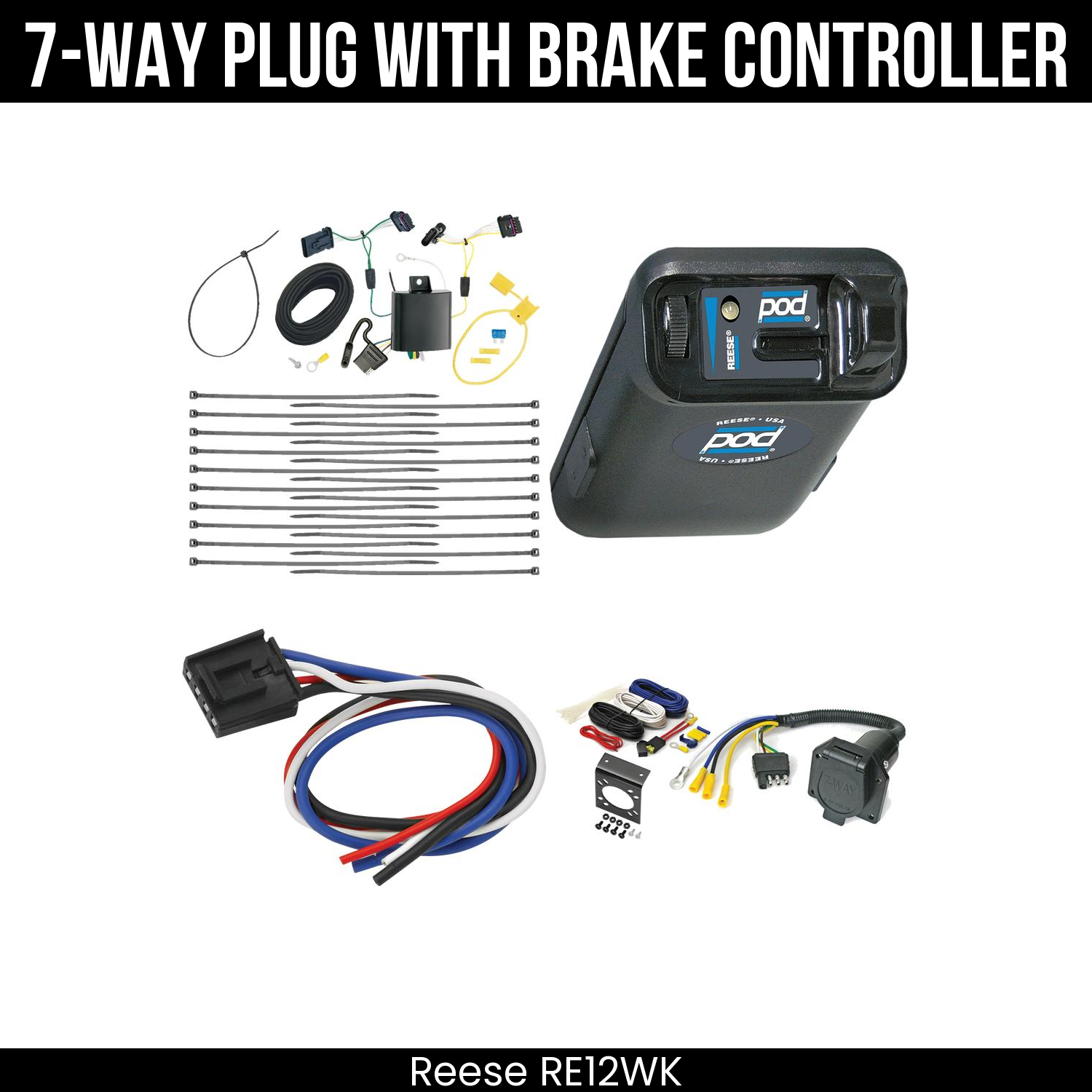 Trailer Wiring 7-Way Economy Plug w/ Bracket , Reese POD Brake Control