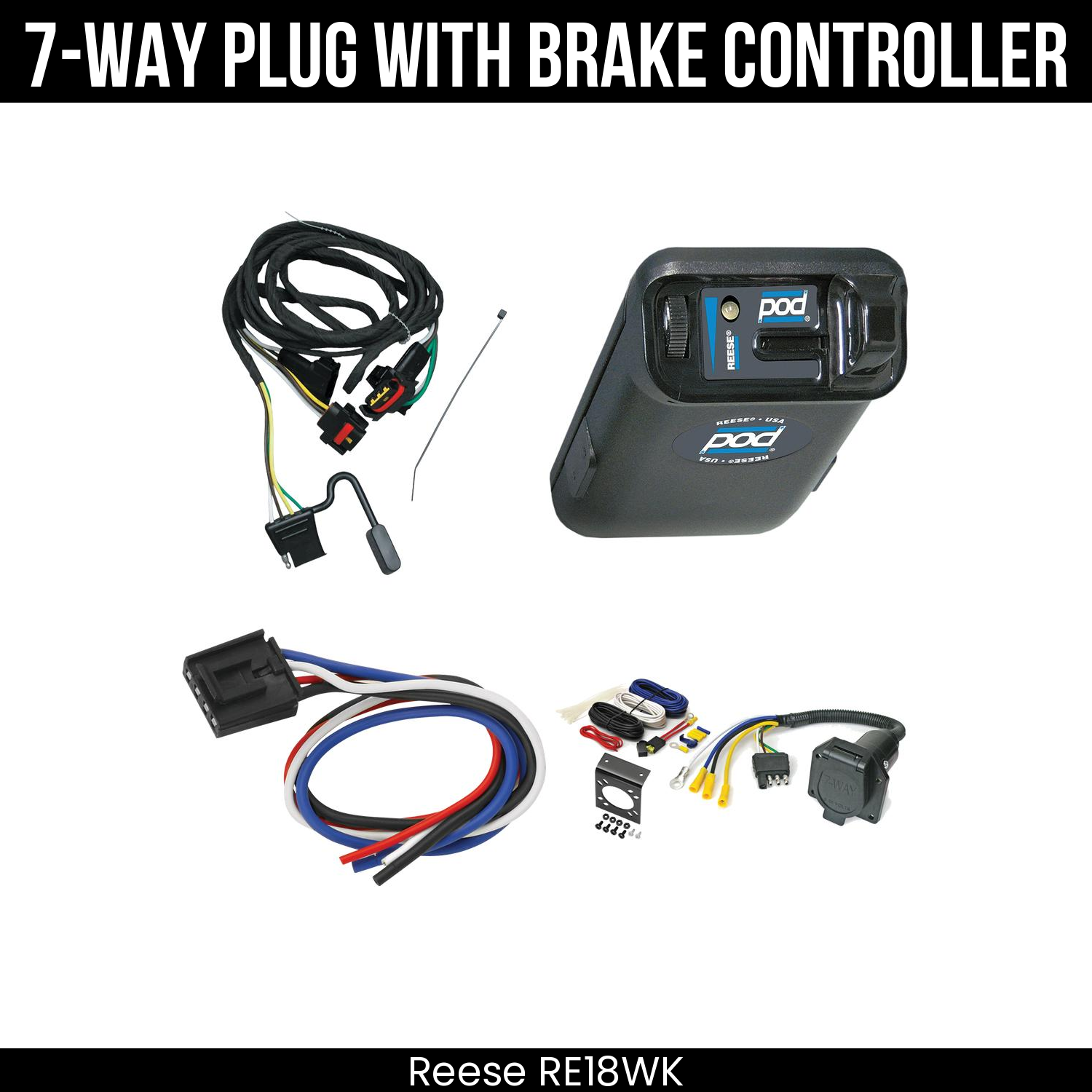 Trailer Wiring 7-Way Economy Plug w/ Bracket , Reese POD Brake Control
