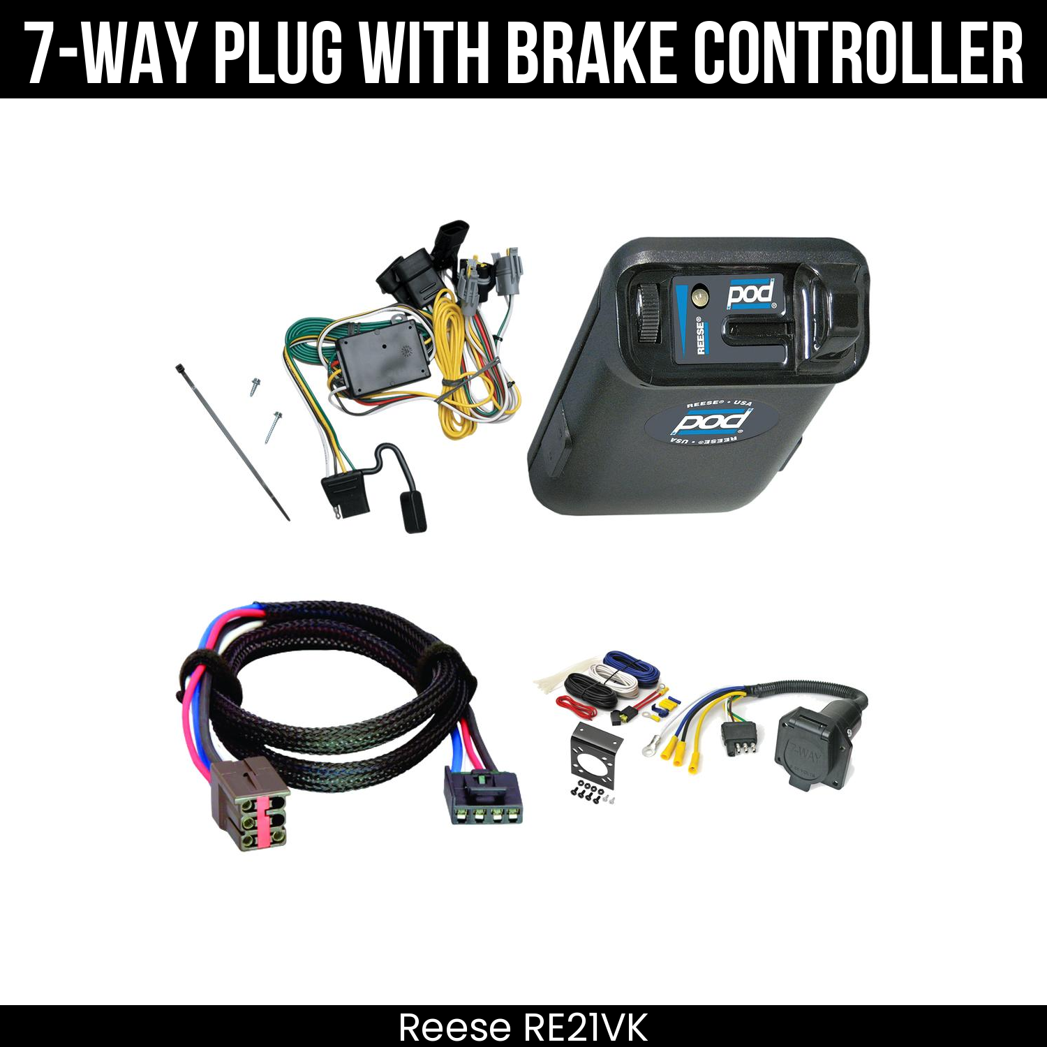 Trailer Wiring 7-Way Economy Plug w/ Bracket , Reese POD Brake Control
