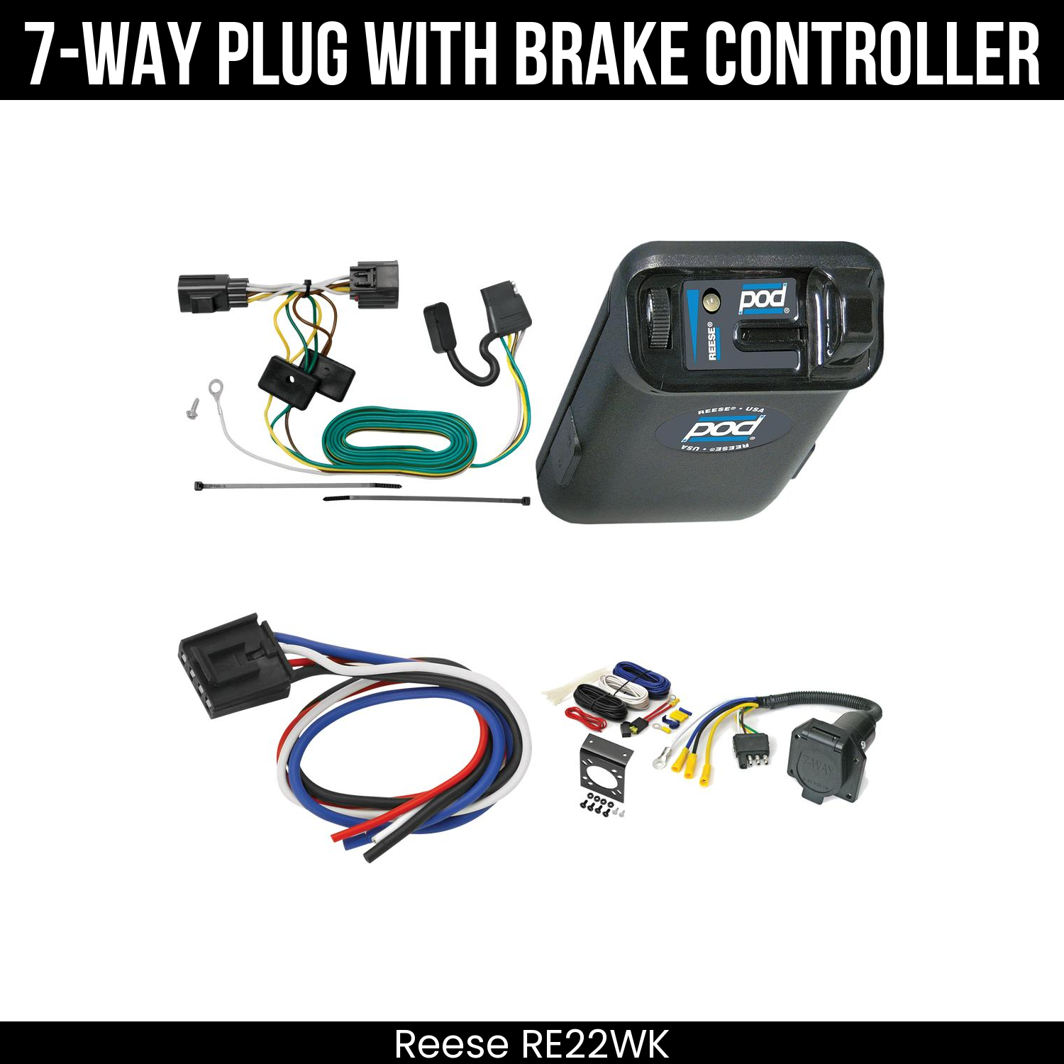 Trailer Wiring 7-Way Economy Plug w/ Bracket , Reese POD Brake Control