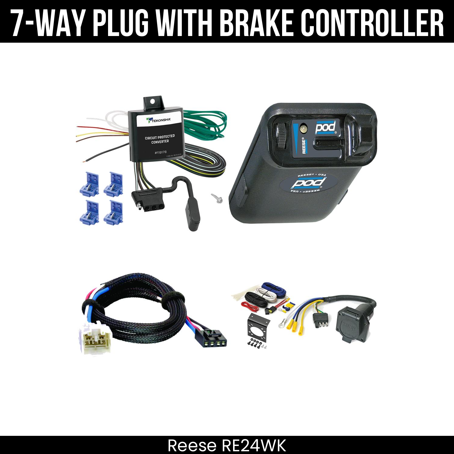 Trailer Wiring 7-Way Economy Plug w/ Bracket , Reese POD Brake Control