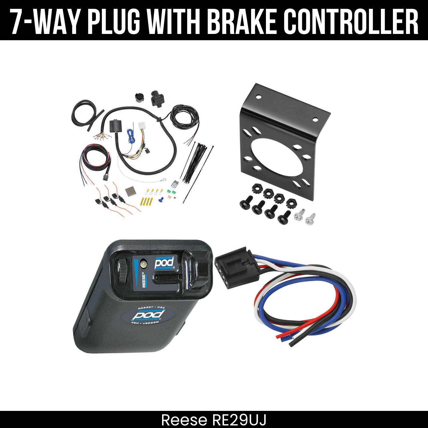 Trailer Wiring 7-Way Plug w/ Bracket , Reese POD Brake Control