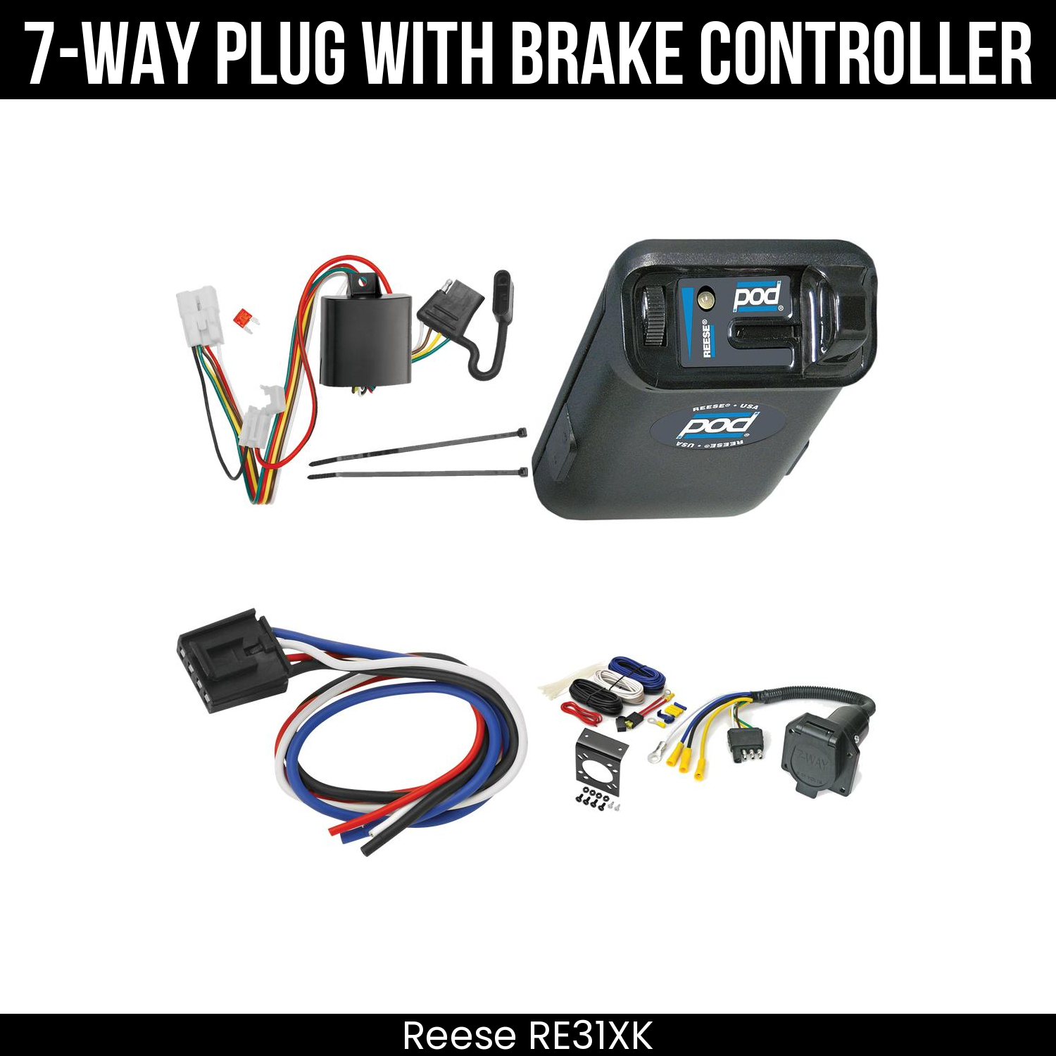 Trailer Wiring 7-Way Economy Plug w/ Bracket , Reese POD Brake Control