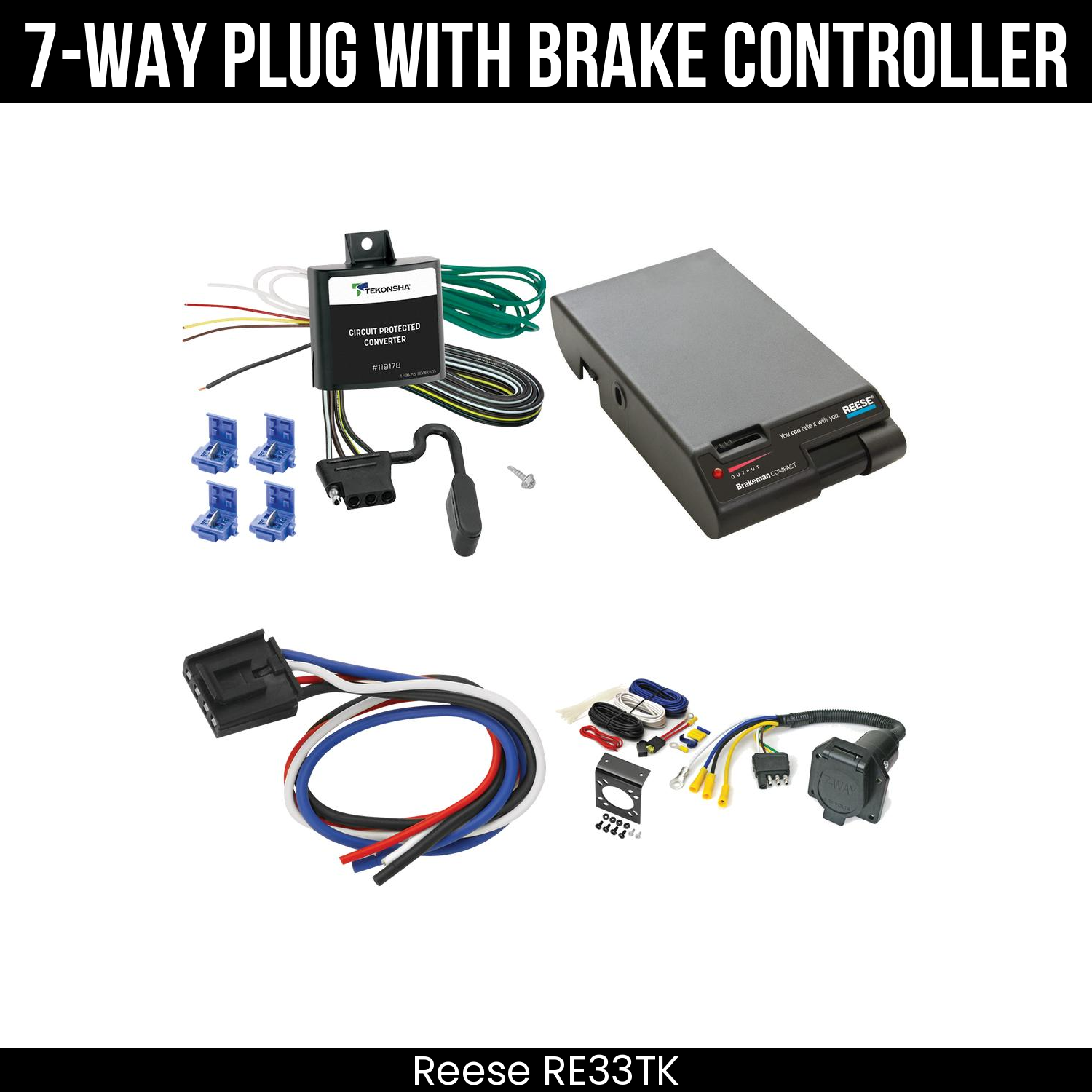 Trailer Wiring 7-Way Economy Plug w/ Bracket , Reese Brakeman Brake Control