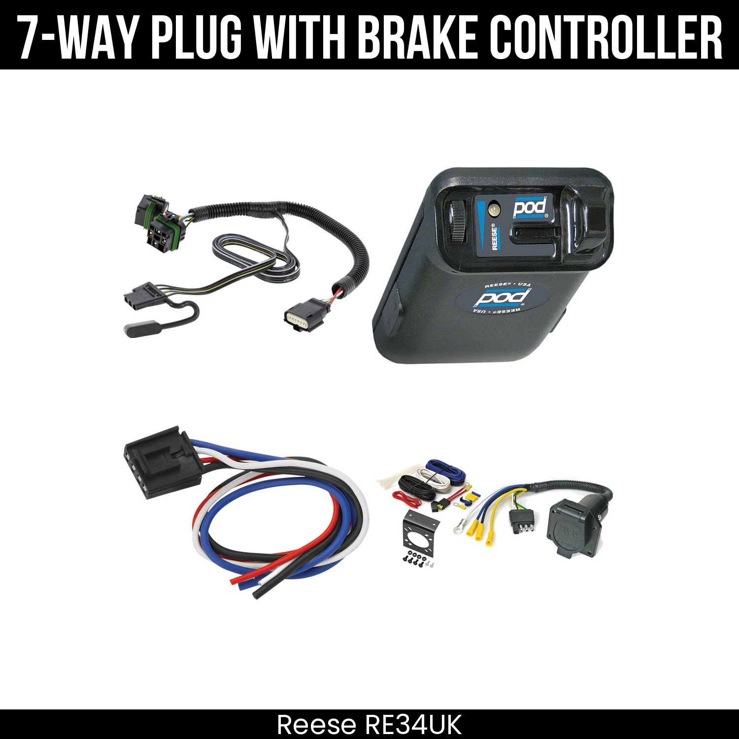 Trailer Wiring 7-Way Economy Plug w/ Bracket , Reese POD Brake Control