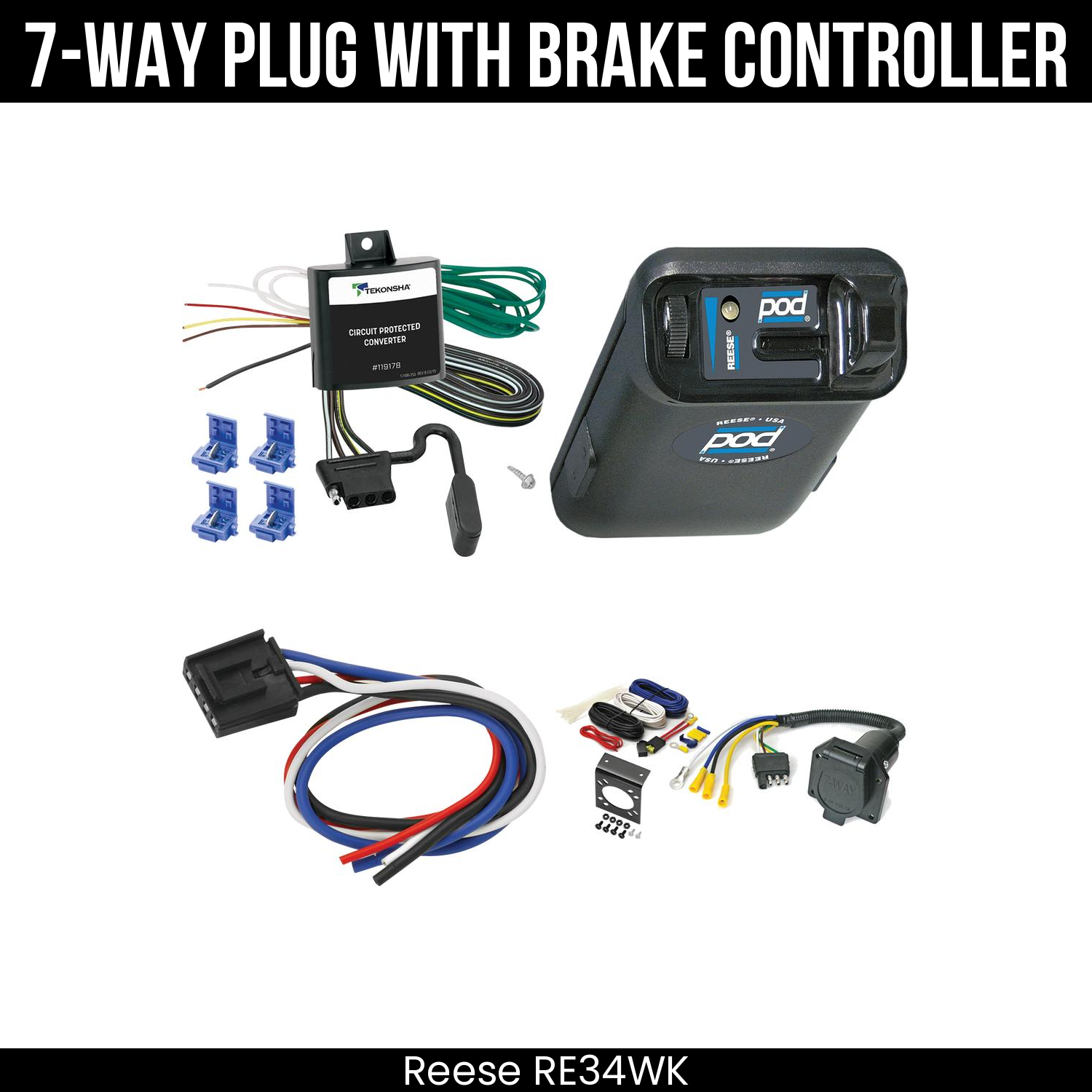 Trailer Wiring 7-Way Economy Plug w/ Bracket , Reese POD Brake Control