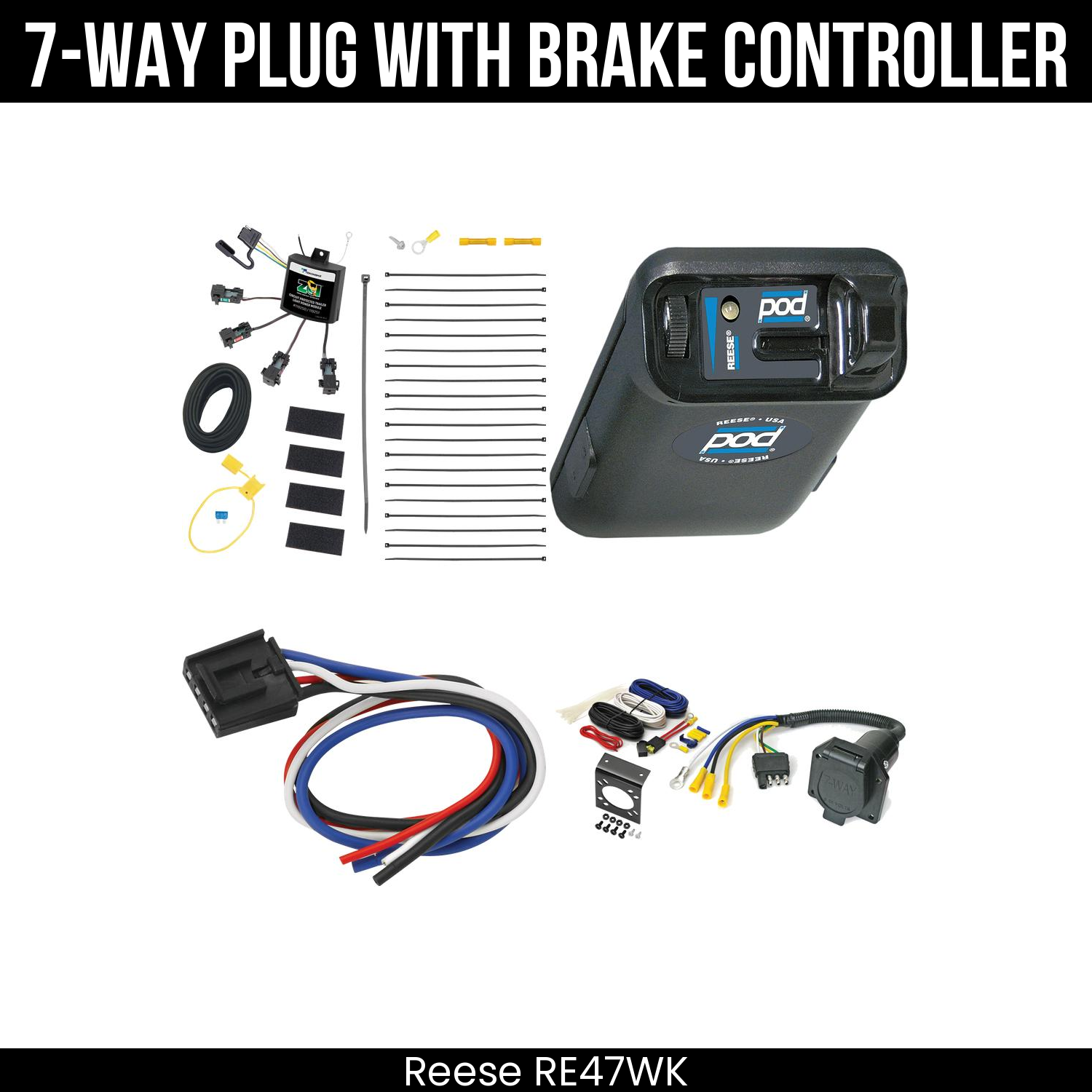 Trailer Wiring 7-Way Economy Plug w/ Bracket , Reese POD Brake Control