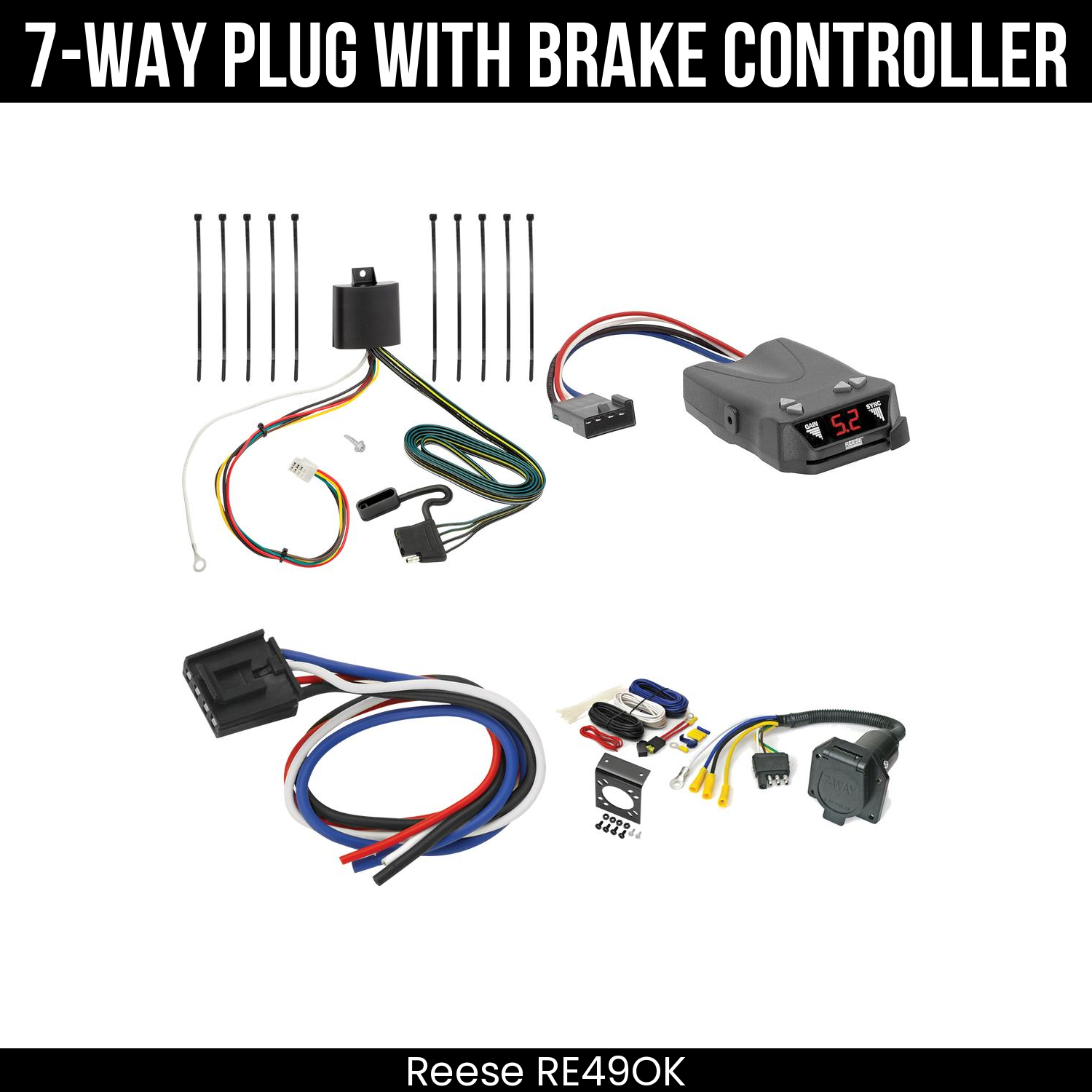 Trailer Wiring 7-Way Economy Plug w/ Bracket , Reese Brakeman IV Brake Control