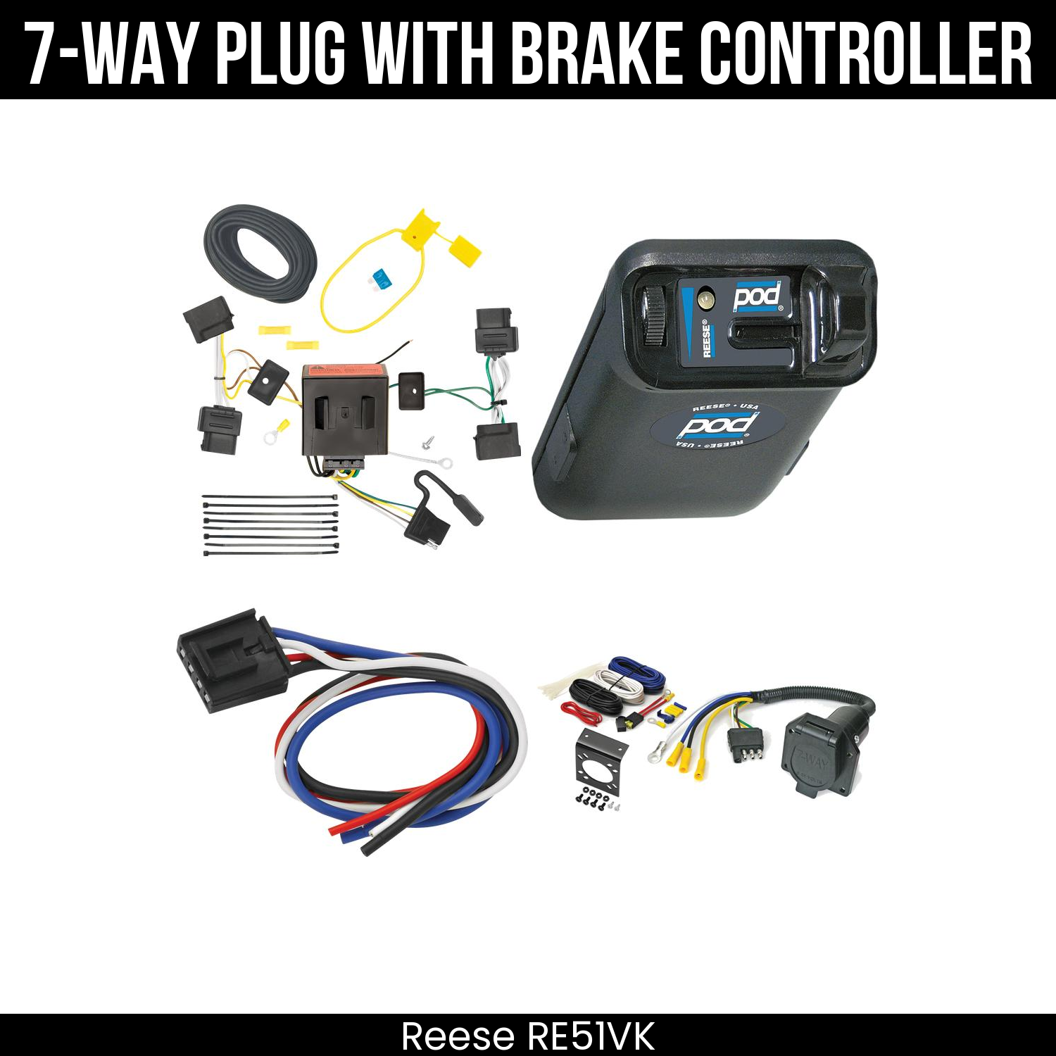 Trailer Wiring 7-Way Economy Plug w/ Bracket , Reese POD Brake Control