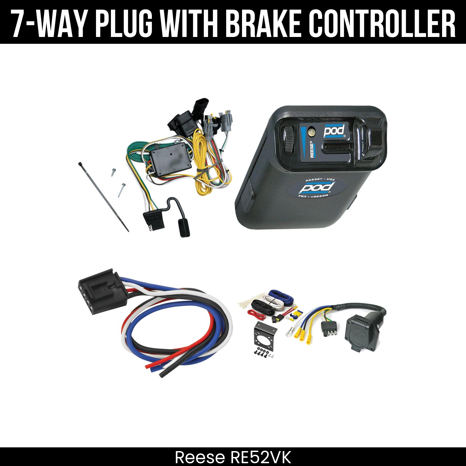 Trailer Wiring 7-Way Economy Plug w/ Bracket , Reese POD Brake Control