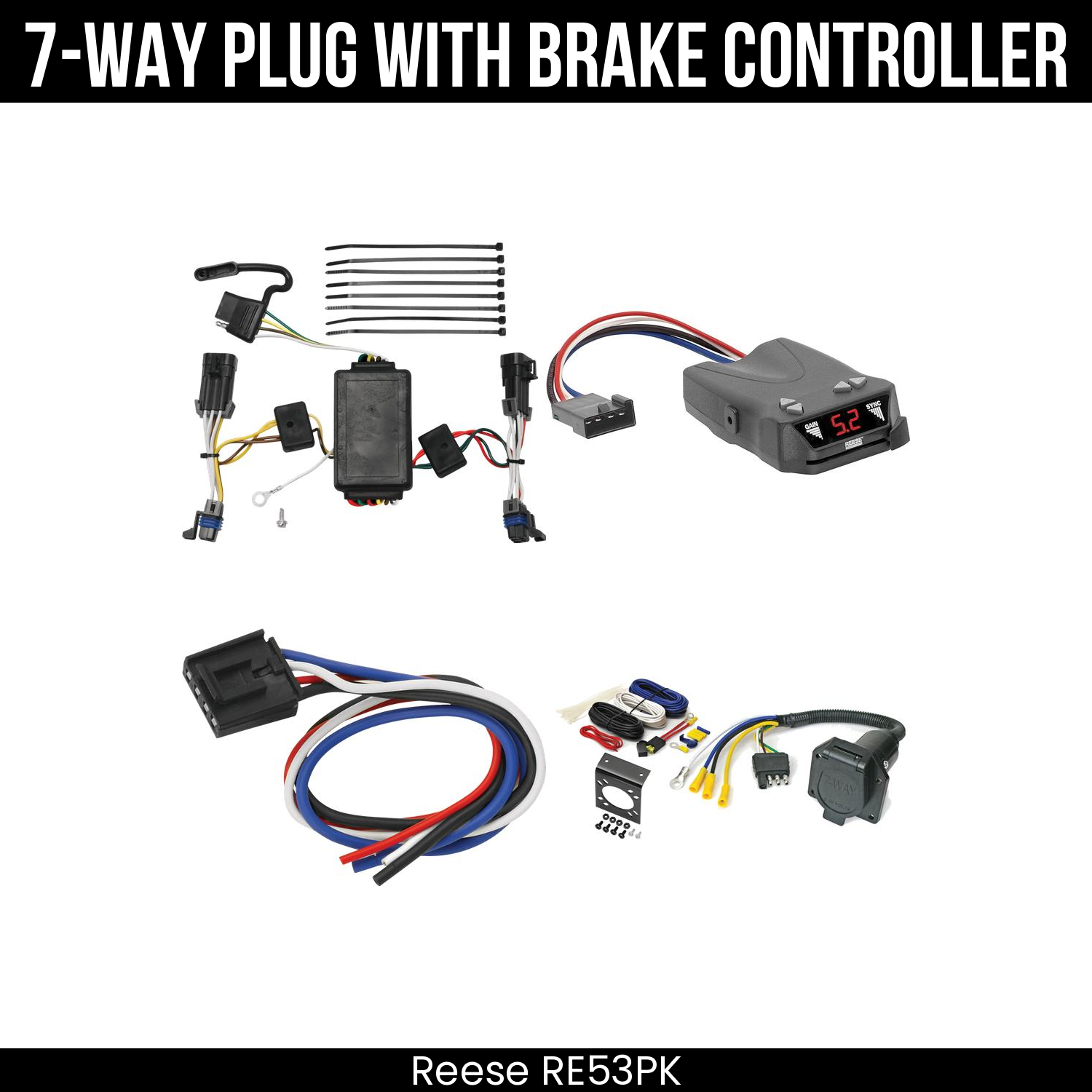 Trailer Wiring 7-Way Economy Plug w/ Bracket , Reese Brakeman IV Brake Control