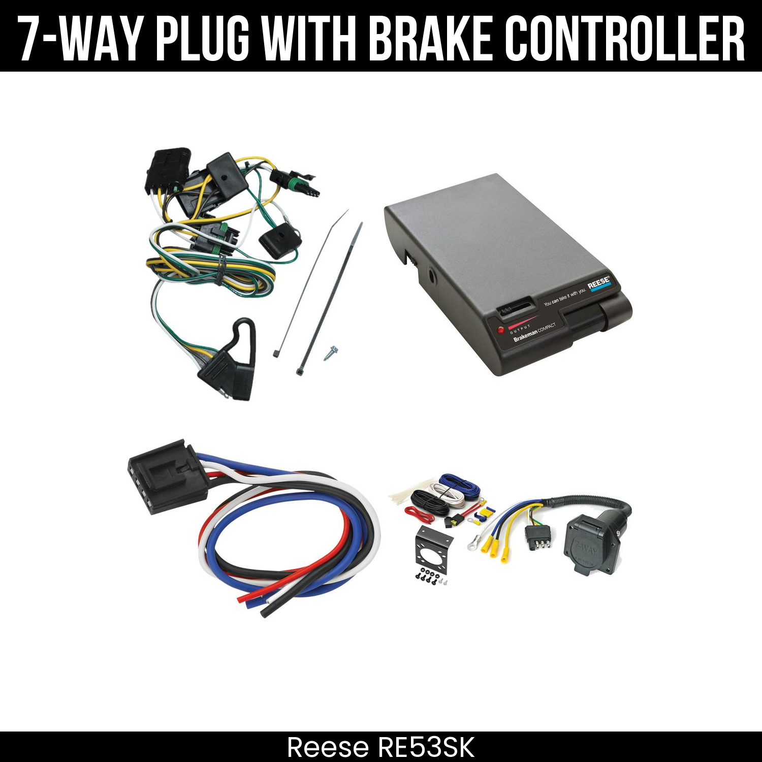 Trailer Wiring 7-Way Economy Plug w/ Bracket , Reese Brakeman Brake Control