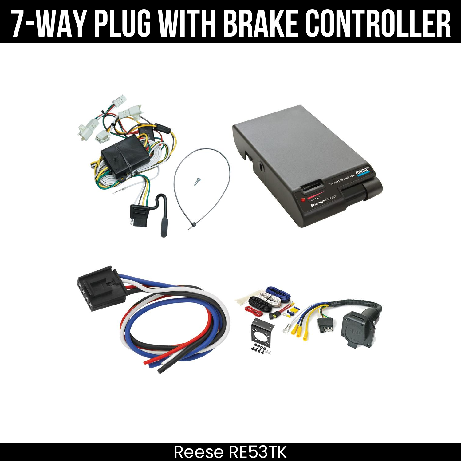 Trailer Wiring 7-Way Economy Plug w/ Bracket , Reese Brakeman Brake Control