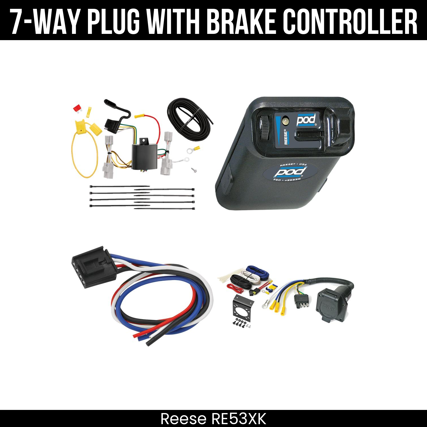 Trailer Wiring 7-Way Economy Plug w/ Bracket , Reese POD Brake Control