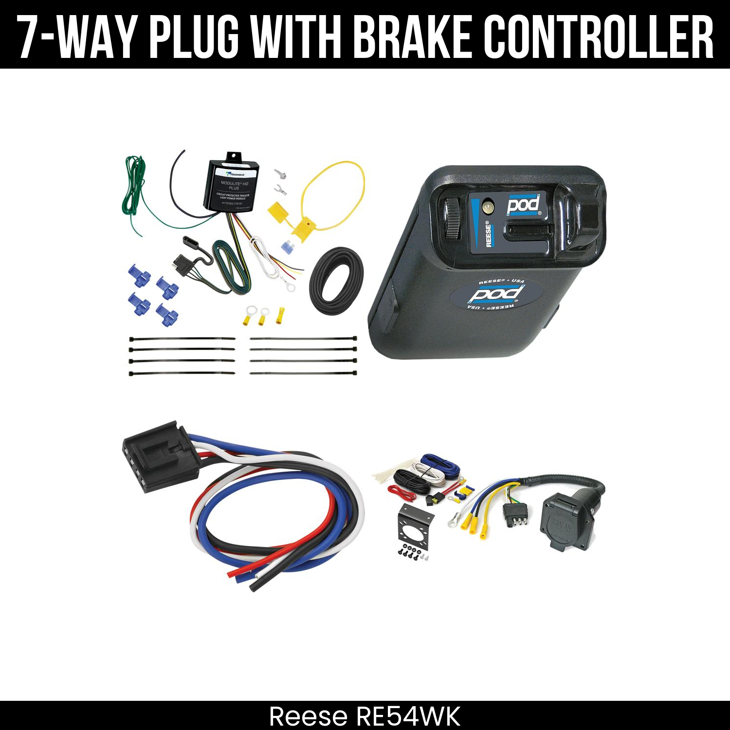 Trailer Wiring 7-Way Economy Plug w/ Bracket , Reese POD Brake Control