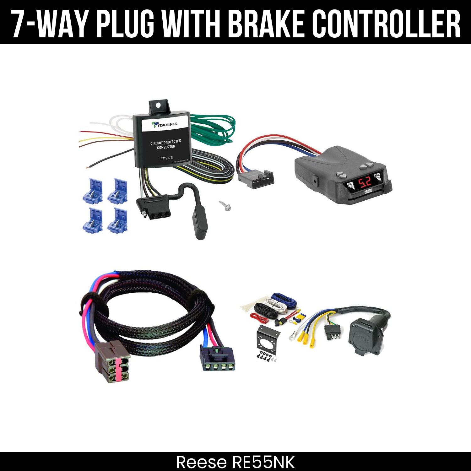 Trailer Wiring 7-Way Economy Plug w/ Bracket , Reese Brakeman IV Brake Control