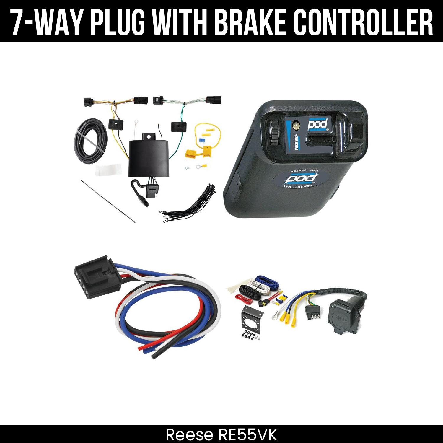 Trailer Wiring 7-Way Economy Plug w/ Bracket , Reese POD Brake Control