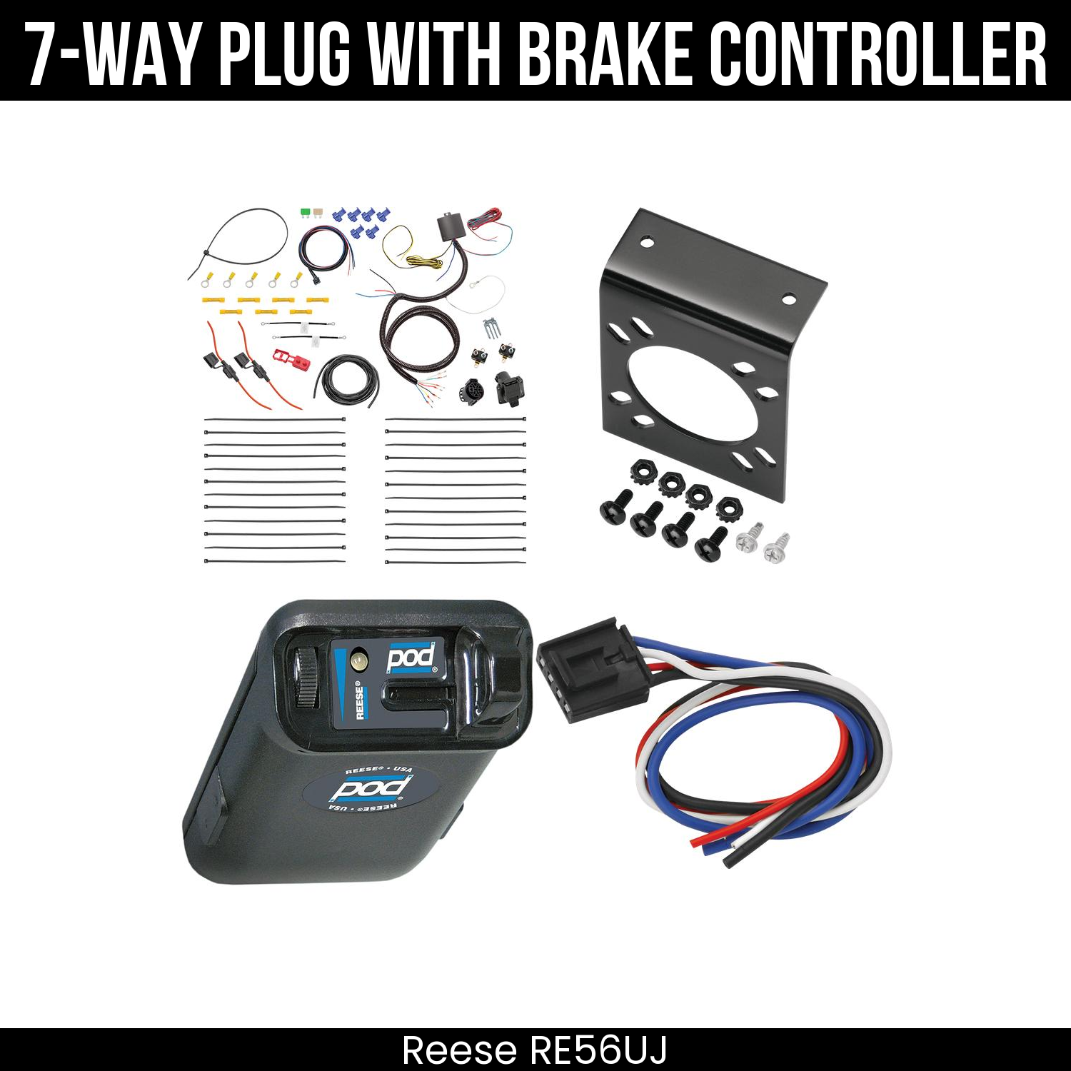 Trailer Wiring 7-Way Plug w/ Bracket , Reese POD Brake Control