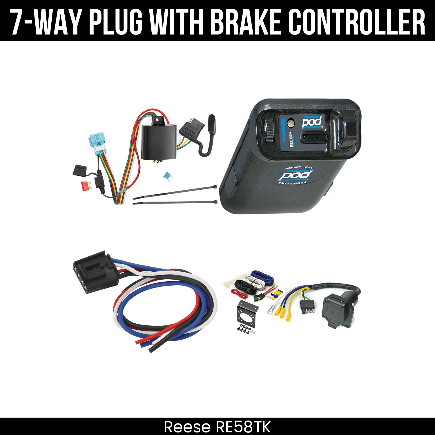 Trailer Wiring 7-Way Economy Plug w/ Bracket , Reese POD Brake Control