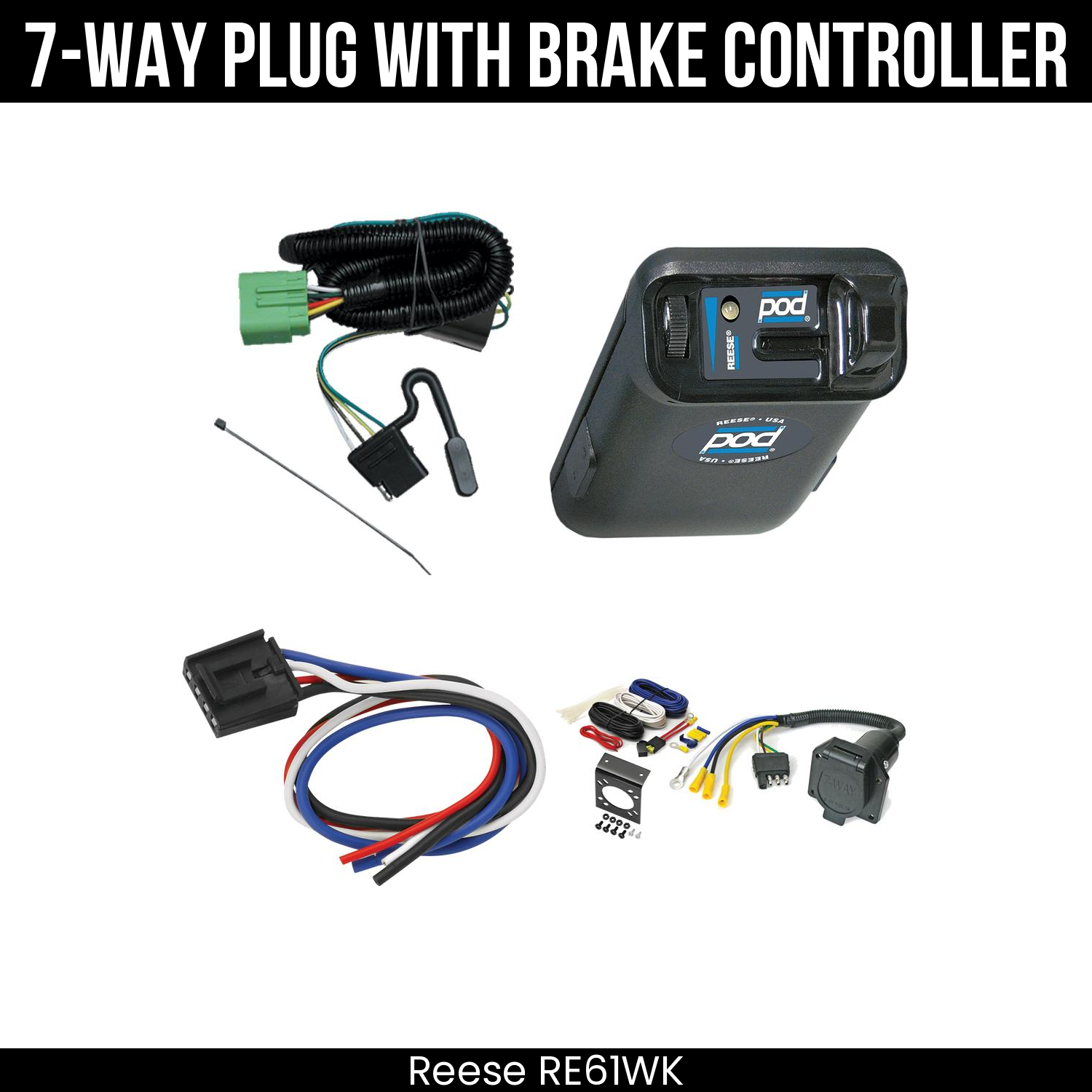 Trailer Wiring 7-Way Economy Plug w/ Bracket , Reese POD Brake Control