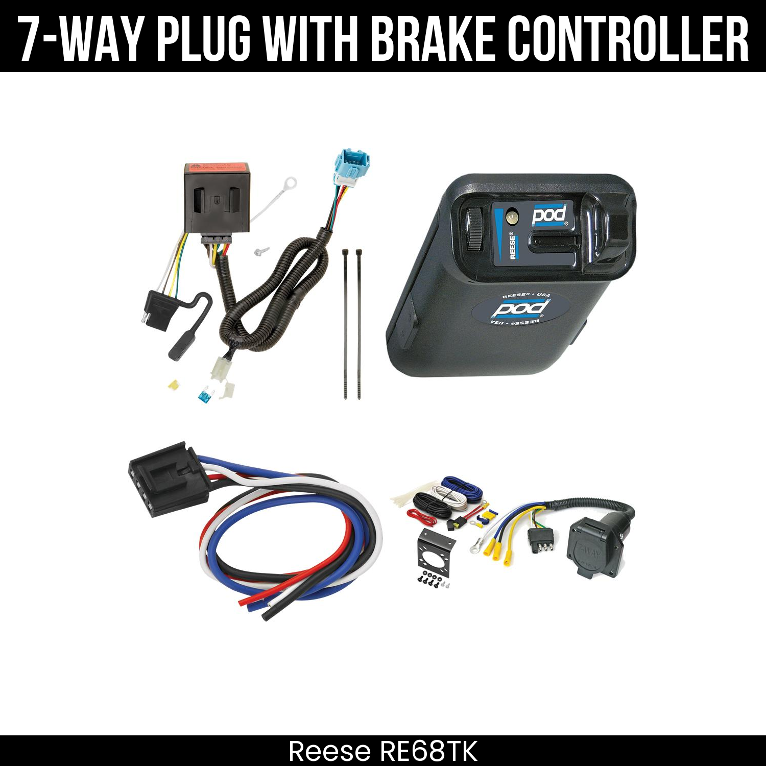 Trailer Wiring 7-Way Economy Plug w/ Bracket , Reese POD Brake Control
