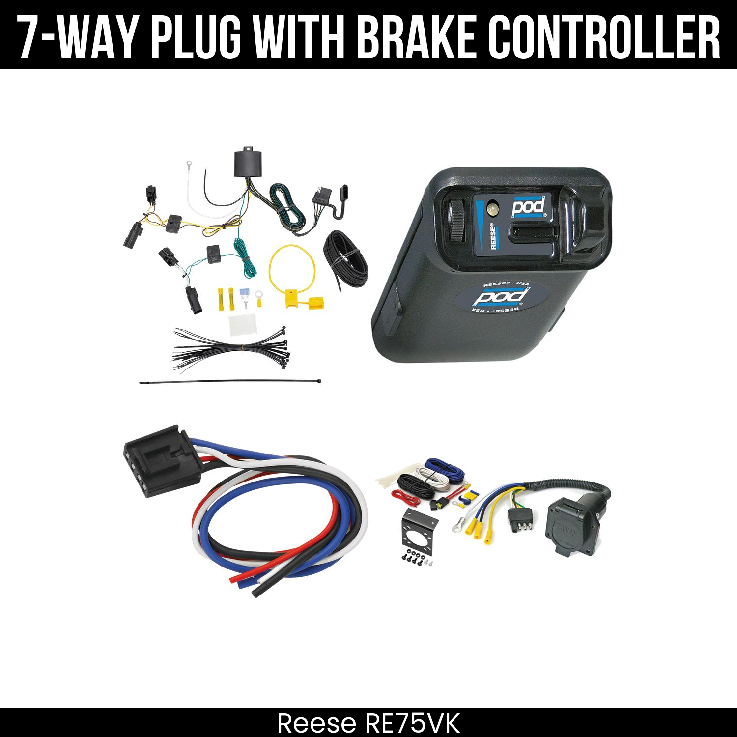 Trailer Wiring 7-Way Economy Plug w/ Bracket , Reese POD Brake Control
