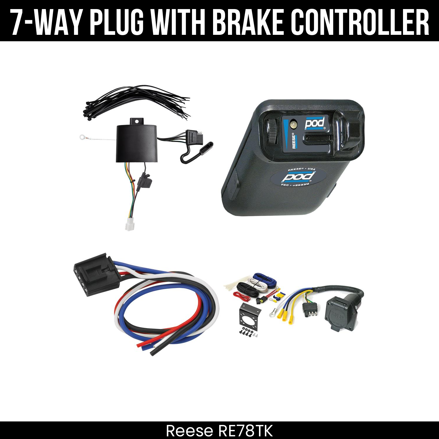 Trailer Wiring 7-Way Economy Plug w/ Bracket , Reese POD Brake Control