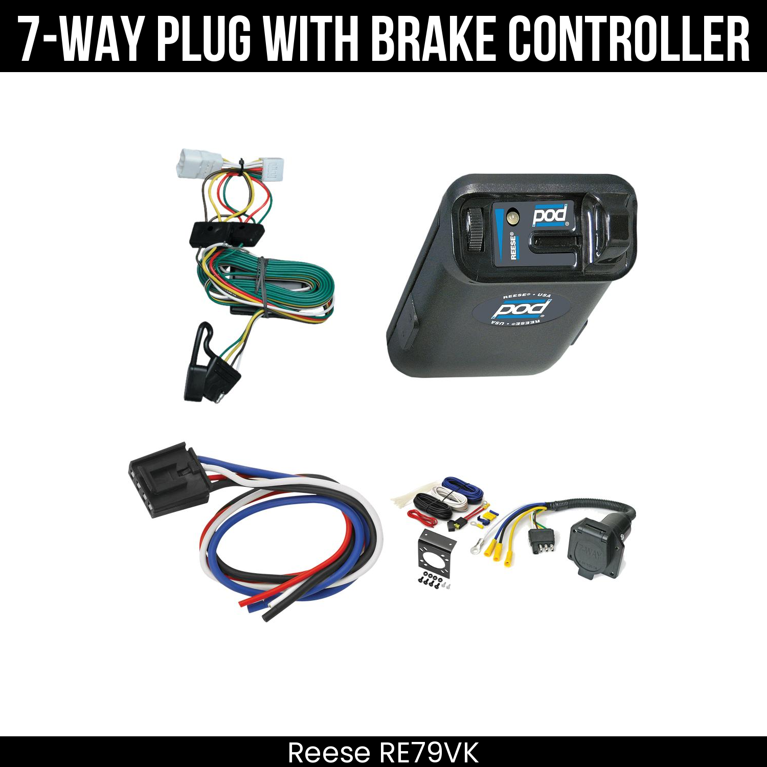 Trailer Wiring 7-Way Economy Plug w/ Bracket , Reese POD Brake Control