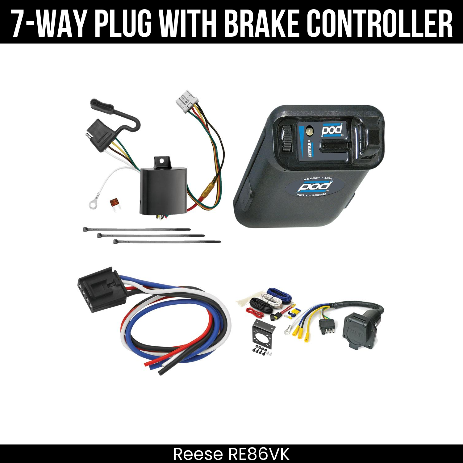 Trailer Wiring 7-Way Economy Plug w/ Bracket , Reese POD Brake Control
