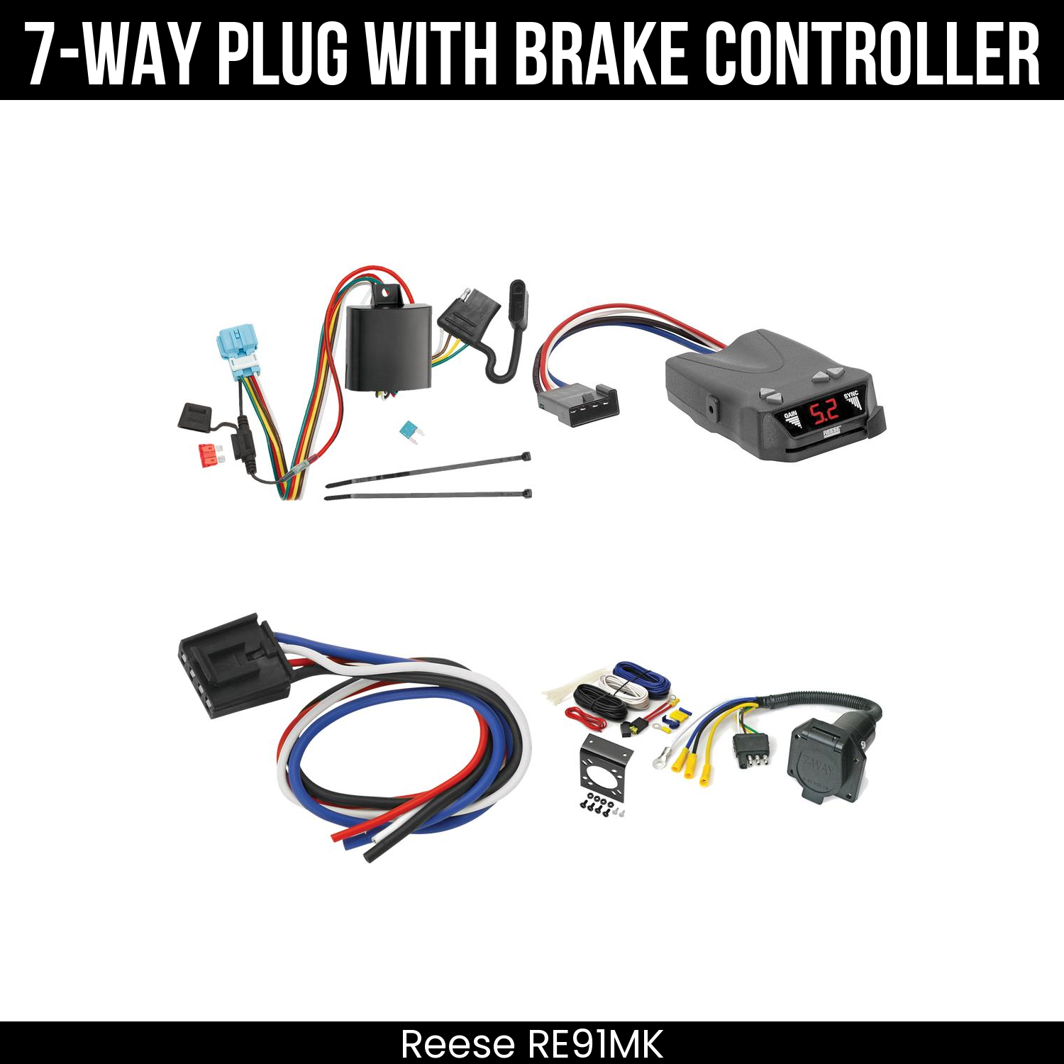 Trailer Wiring 7-Way Economy Plug w/ Bracket , Reese Brakeman IV Brake Control