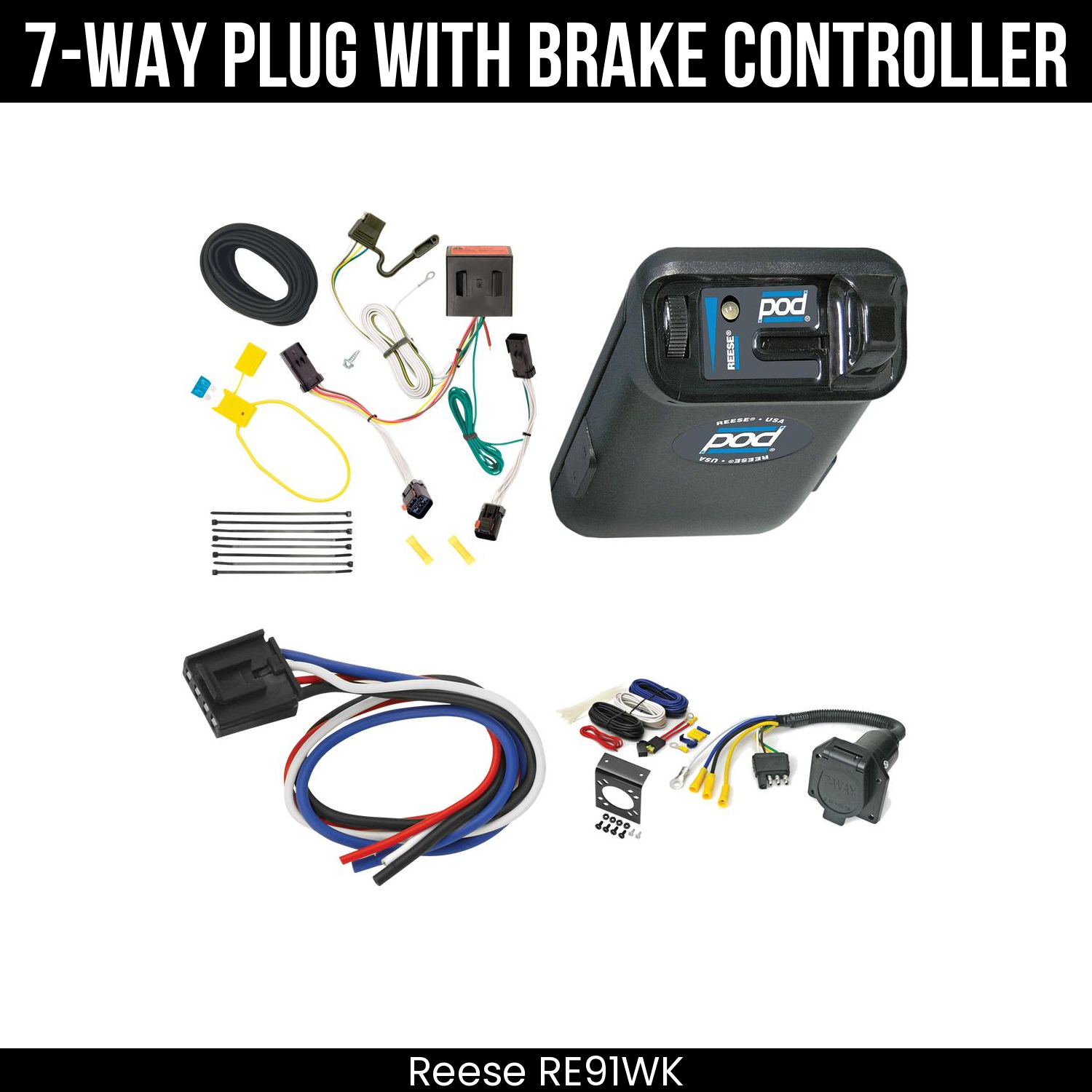 Trailer Wiring 7-Way Economy Plug w/ Bracket , Reese POD Brake Control