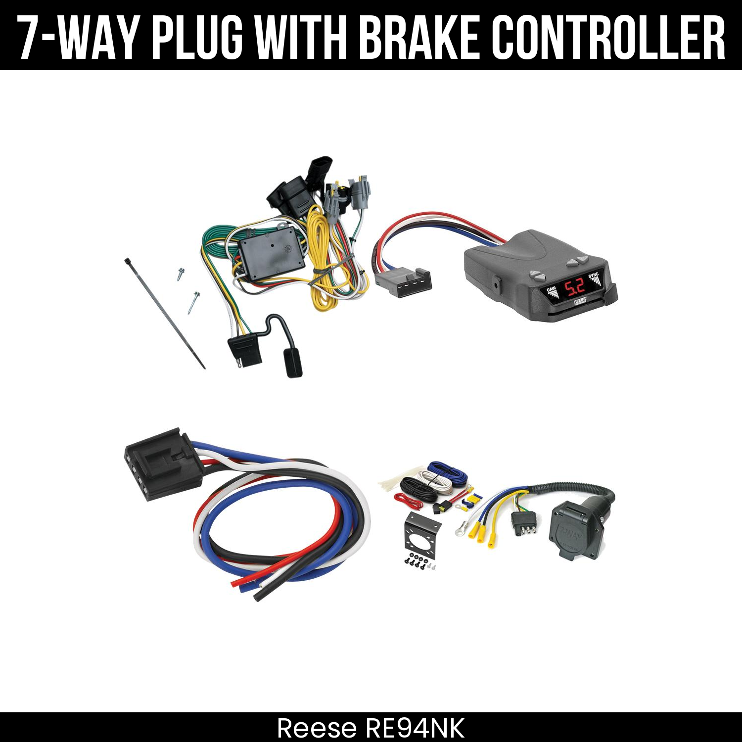 Trailer Wiring 7-Way Economy Plug w/ Bracket , Reese Brakeman IV Brake Control