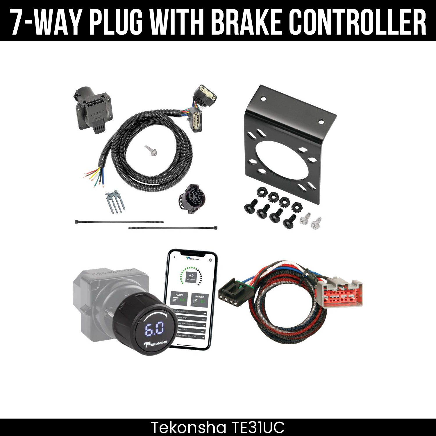 Trailer Wiring 7-Way Plug w/ Bracket , Tekonsha Prodigy iD Smart Brake Control