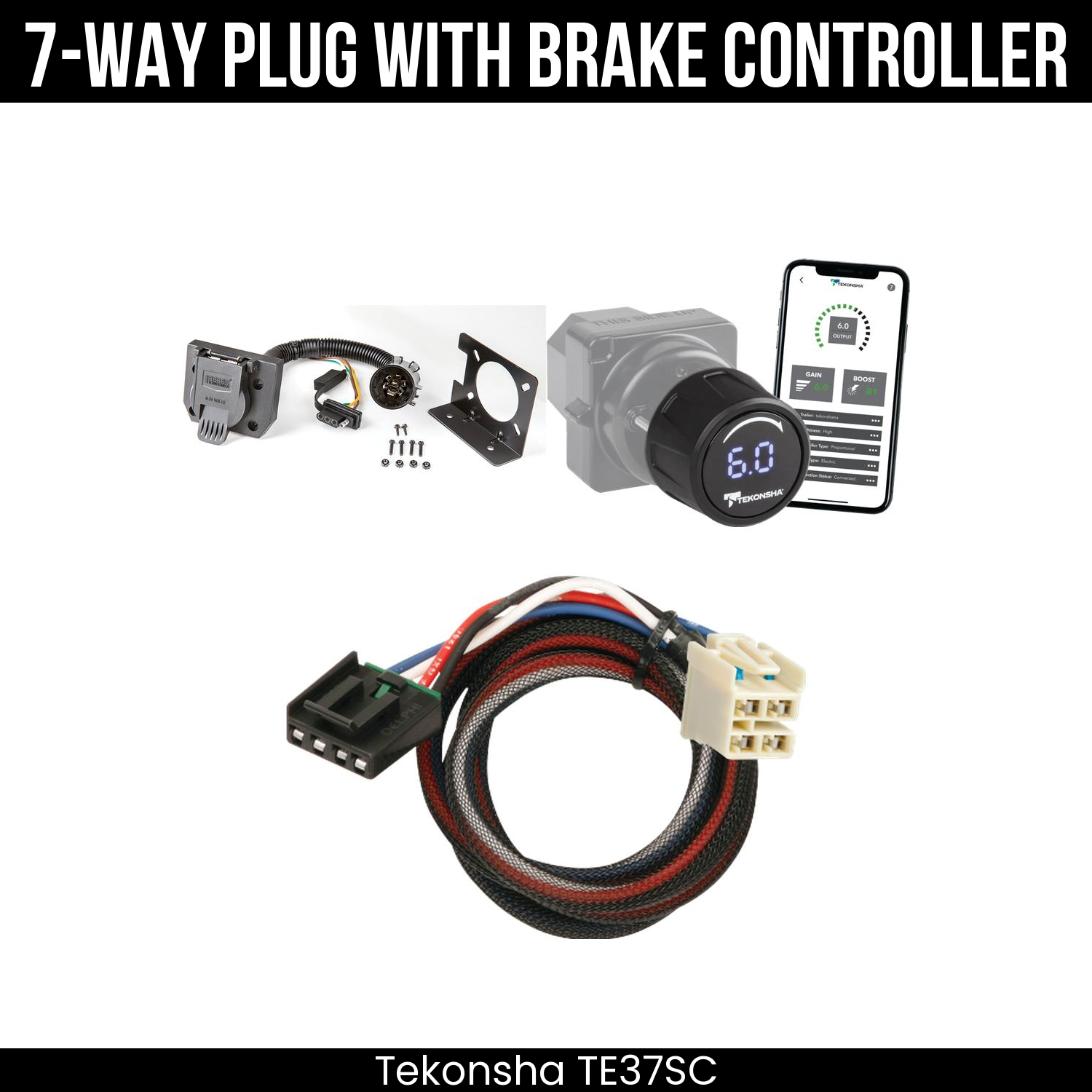 Trailer Wiring 7-Way Plug w/ Bracket , Tekonsha Prodigy iD Smart Brake Control