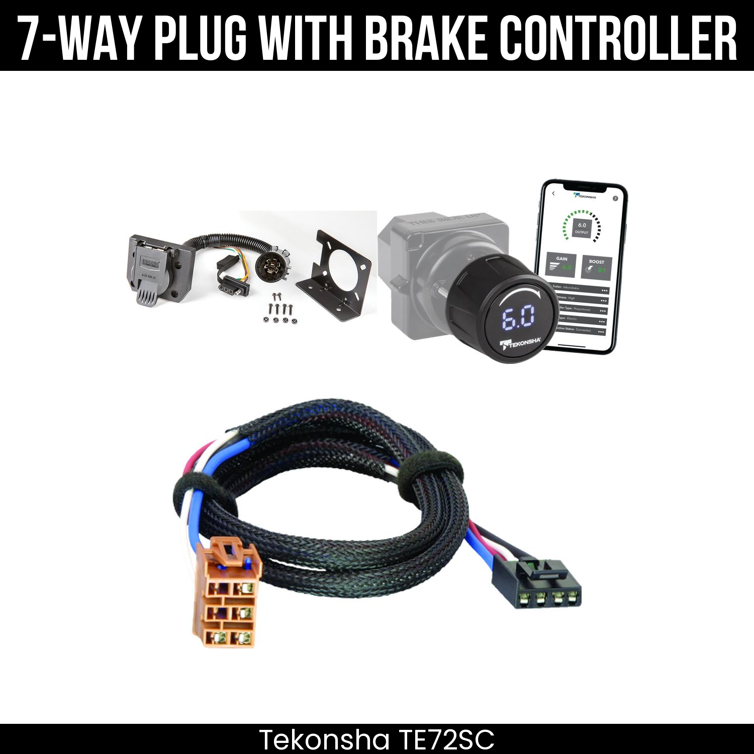 Trailer Wiring 7-Way Plug w/ Bracket , Tekonsha Prodigy iD Smart Brake Control