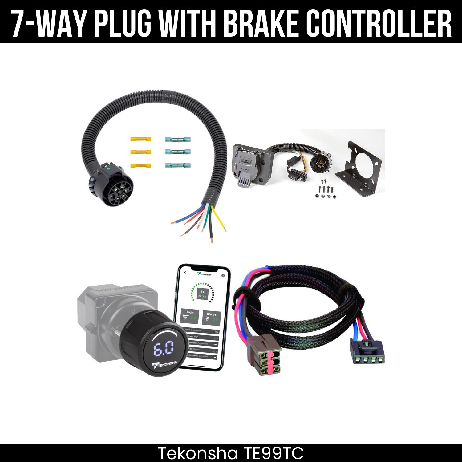 Trailer Wiring 7-Way Plug w/ Bracket , Tekonsha Prodigy iD Smart Brake Control